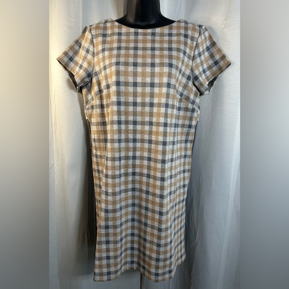 J.Jill Womens Sheath Dress Multicolor Beige Plaid Stretch Short Sleeve Petites m